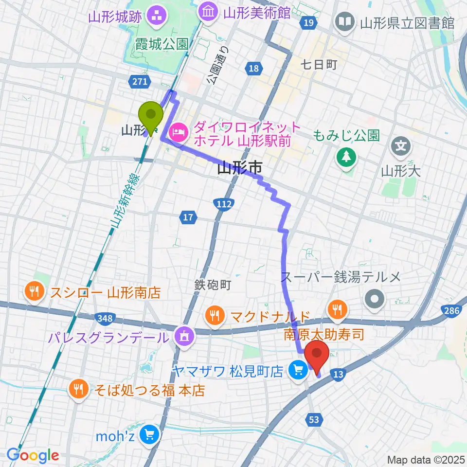 古原ピアノ教室の最寄駅山形駅からの徒歩ルート（約37分）地図