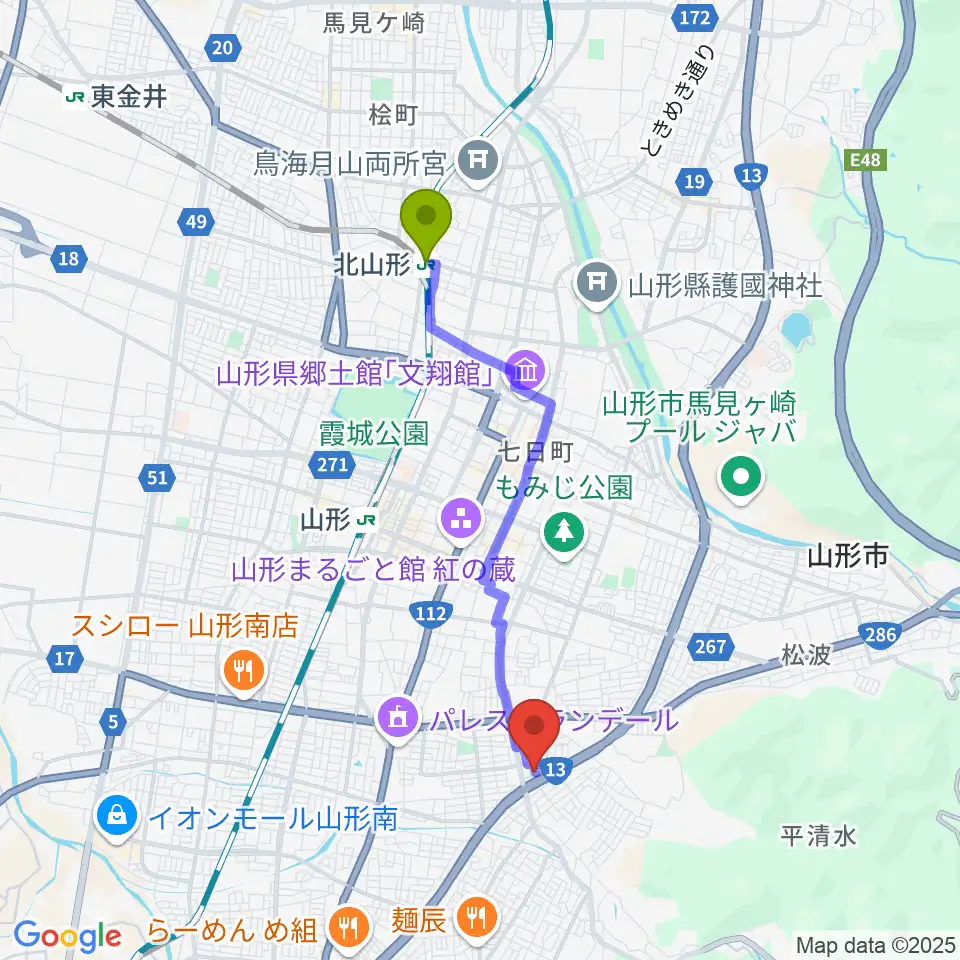 北山形駅から古原ピアノ教室へのルートマップ地図