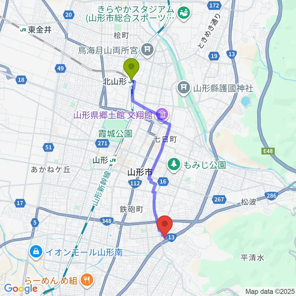 北山形駅から古原ピアノ教室へのルートマップ地図