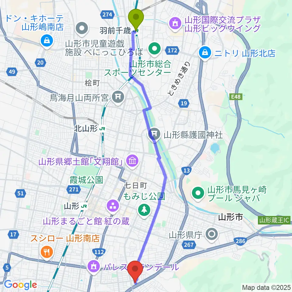 羽前千歳駅から古原ピアノ教室へのルートマップ地図