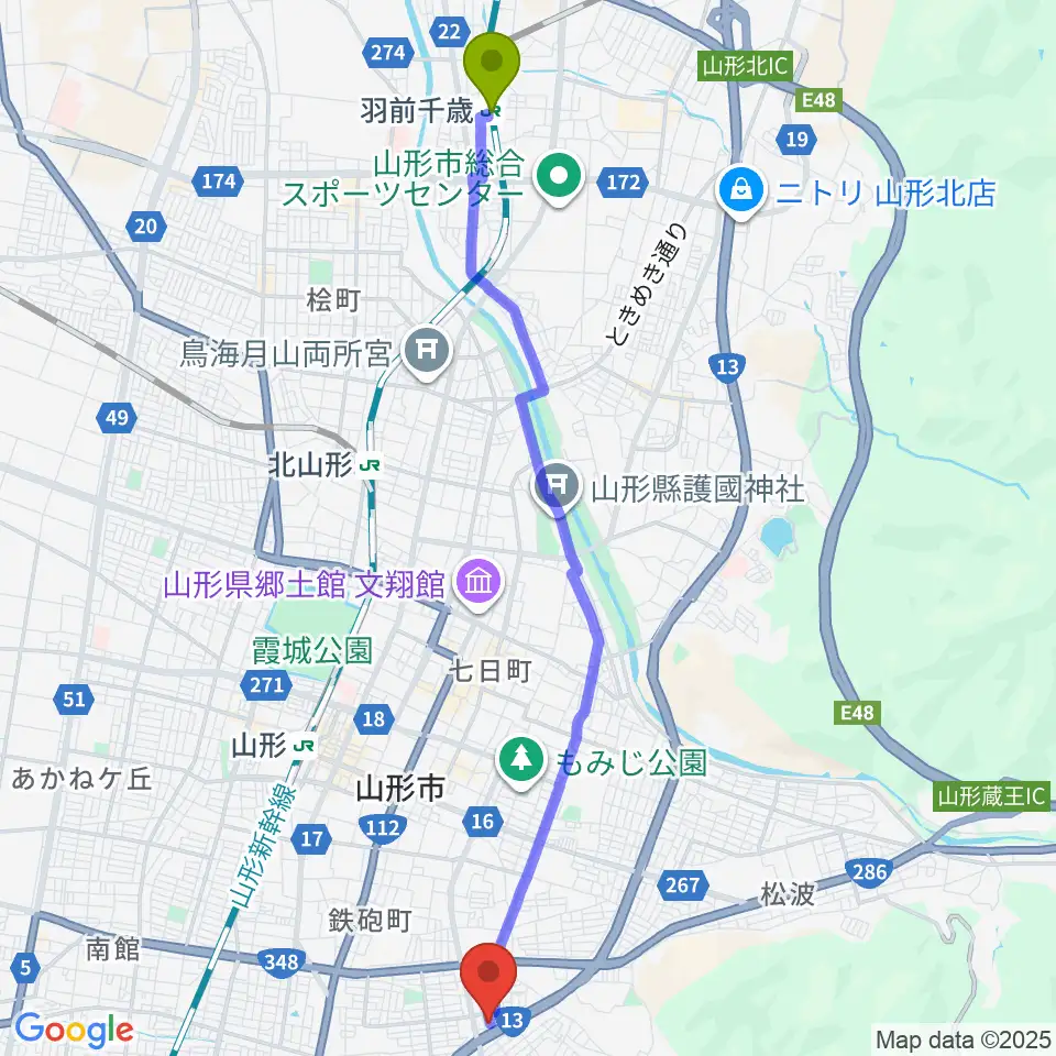 羽前千歳駅から古原ピアノ教室へのルートマップ地図
