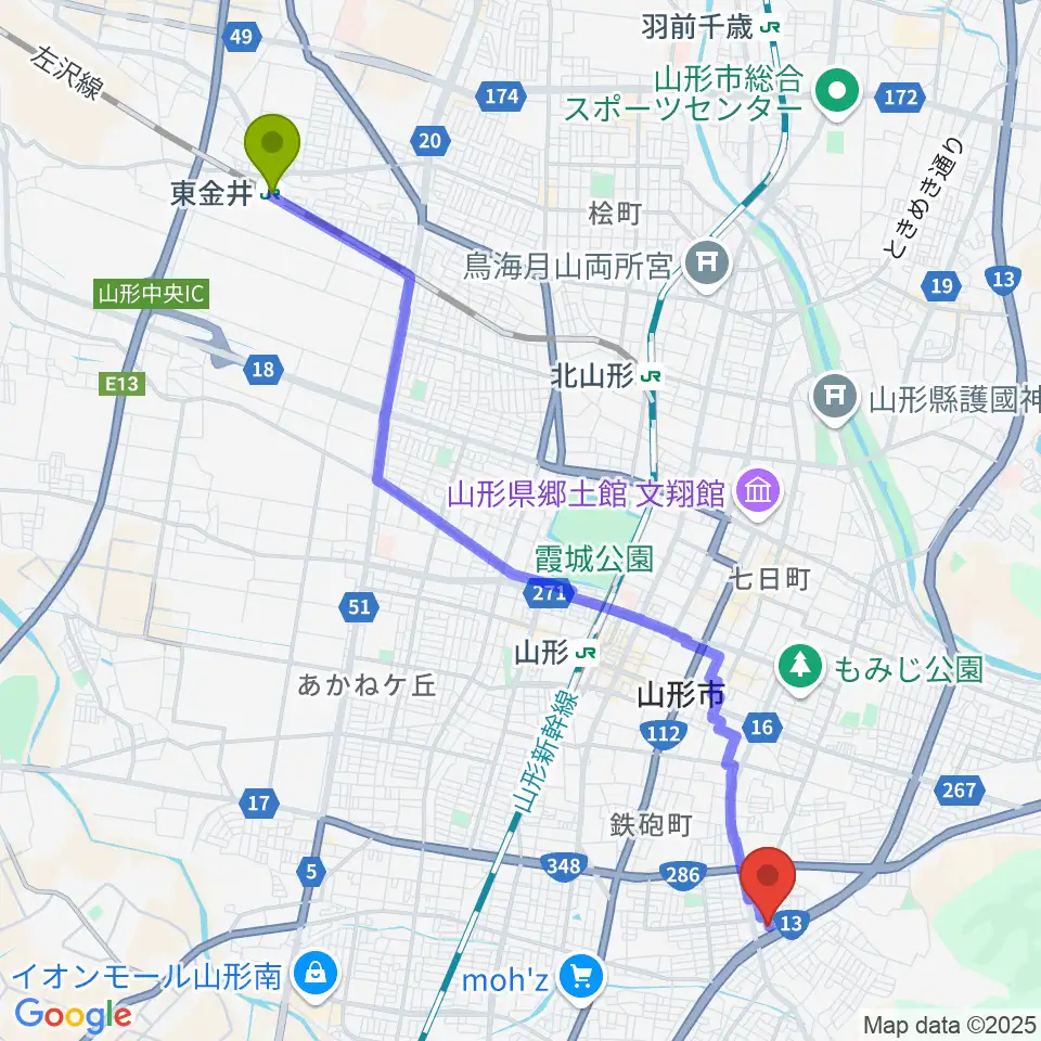 東金井駅から古原ピアノ教室へのルートマップ地図