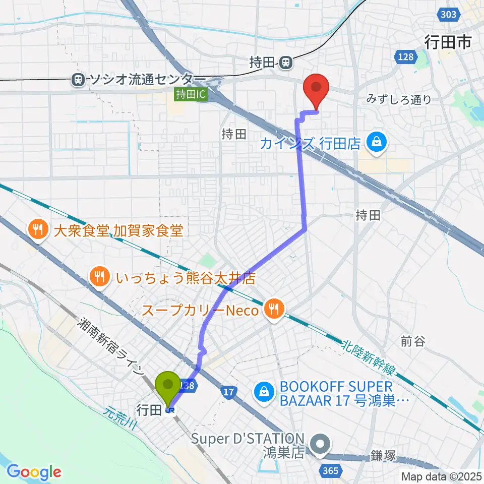 行田駅からY・Ａ音楽学院へのルートマップ地図