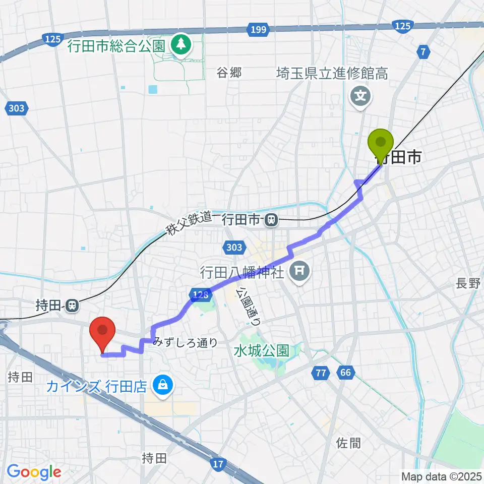 東行田駅からY・Ａ音楽学院へのルートマップ地図
