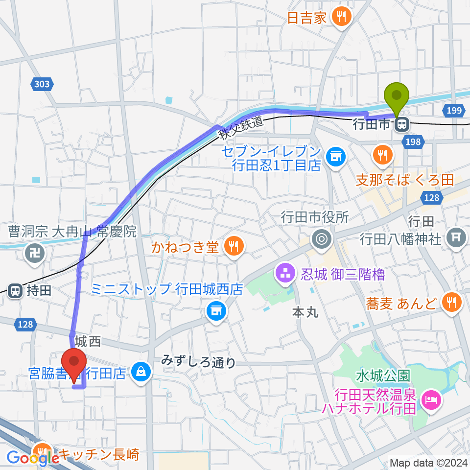 行田市駅からY・Ａ音楽学院へのルートマップ地図