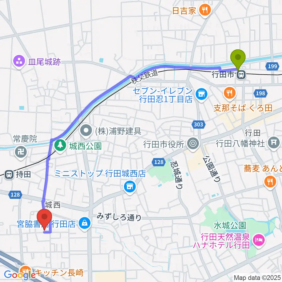 行田市駅からY・Ａ音楽学院へのルートマップ地図