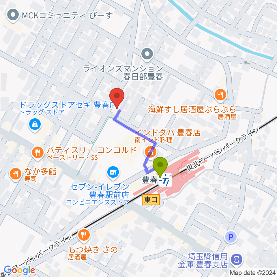 学び屋あんぷらぐどの最寄駅豊春駅からの徒歩ルート（約2分）地図