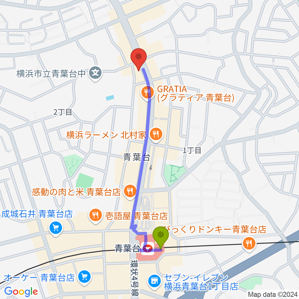 志村ギター教室の最寄駅青葉台駅からの徒歩ルート（約9分）地図