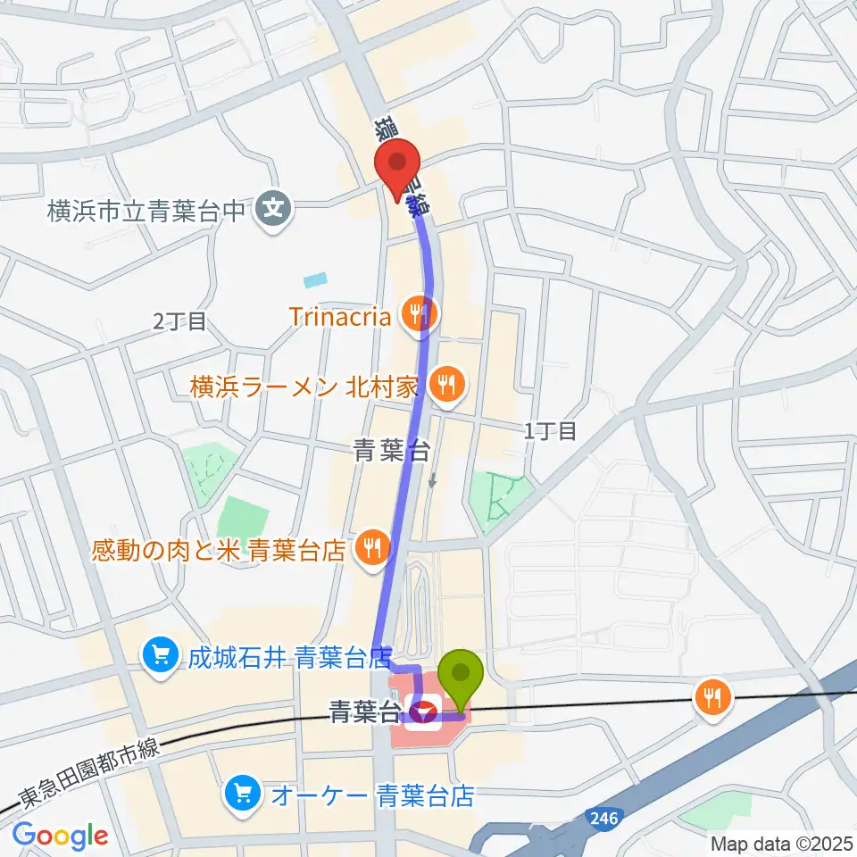 志村ギター教室の最寄駅青葉台駅からの徒歩ルート（約9分）地図