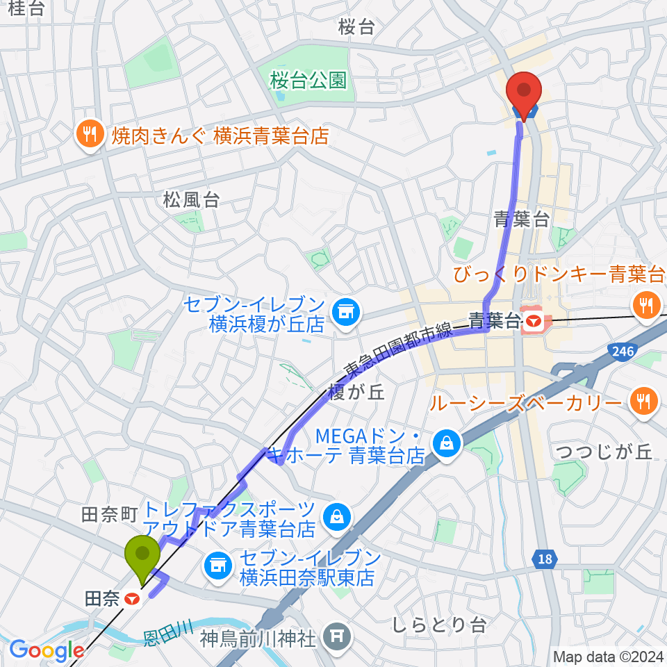 田奈駅から志村ギター教室へのルートマップ地図