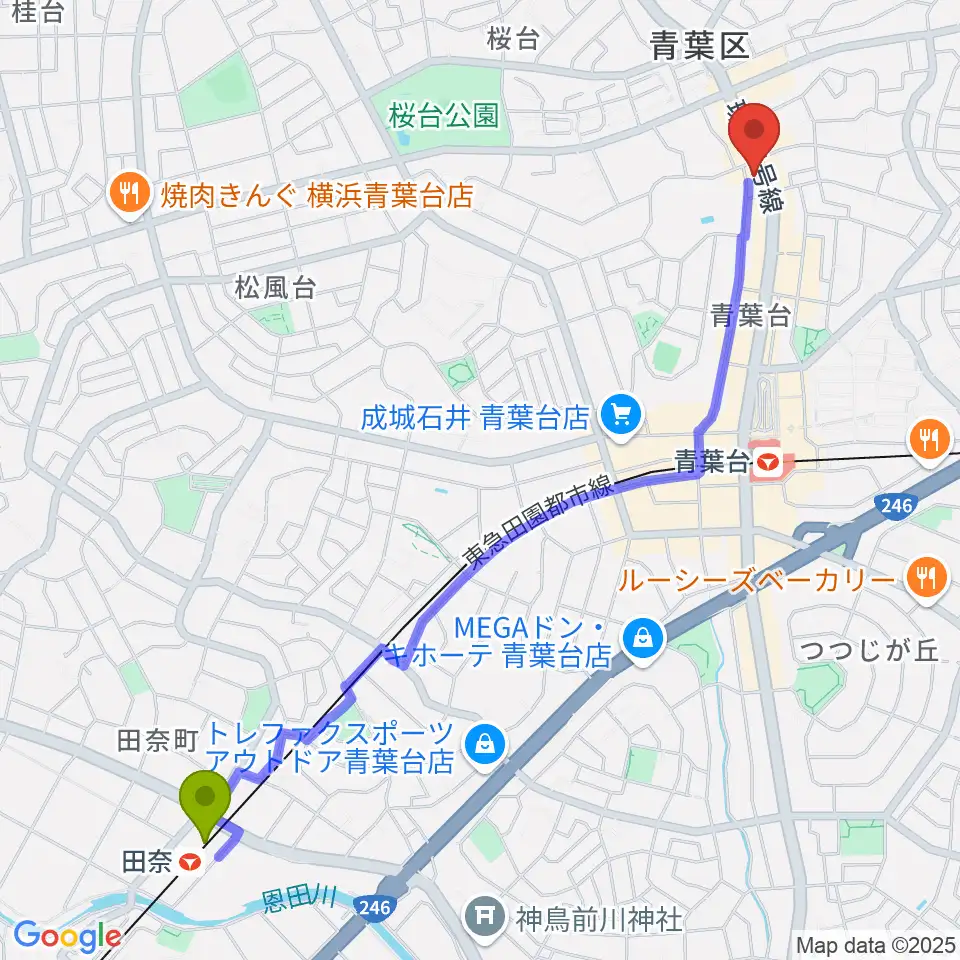 田奈駅から志村ギター教室へのルートマップ地図