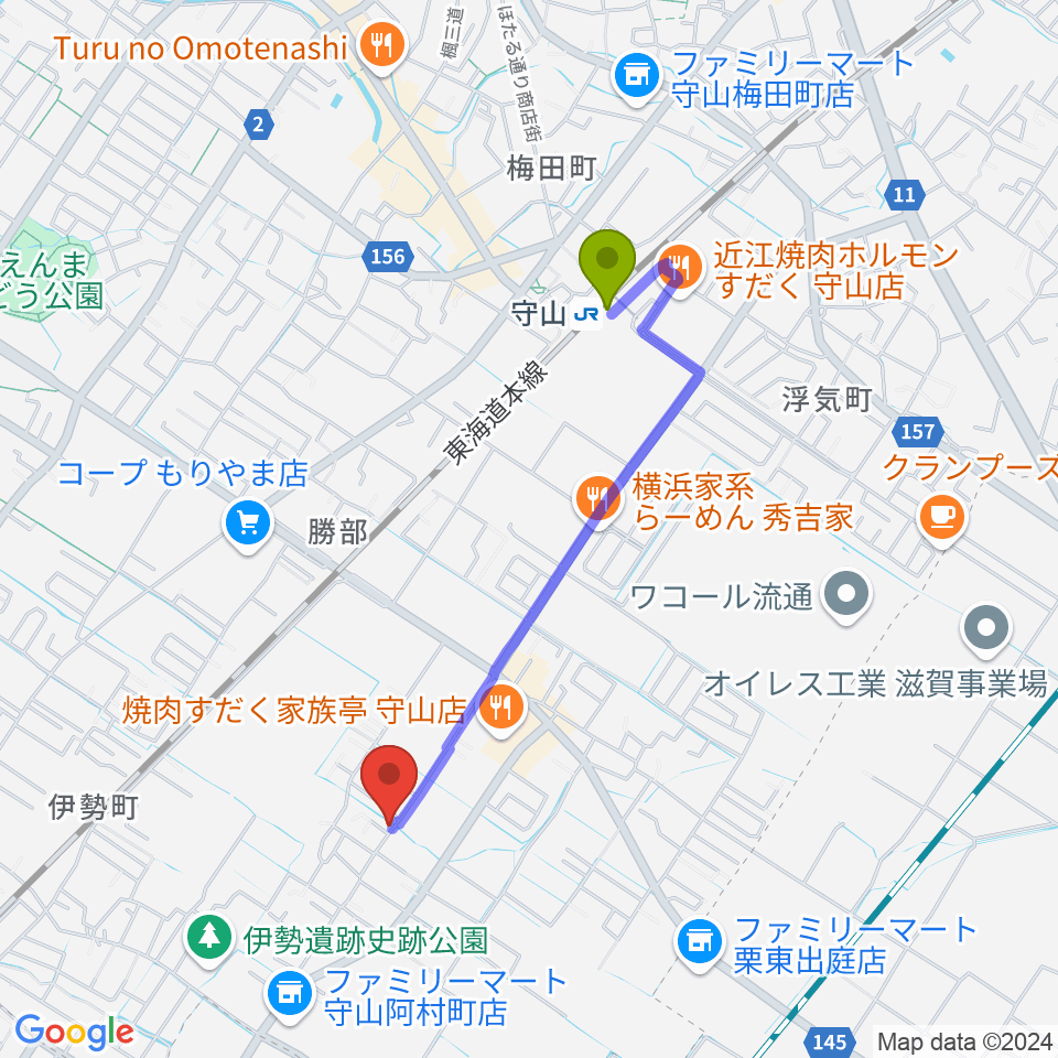 とみたみほ音楽教室 守山教室の最寄駅守山駅からの徒歩ルート（約16分）地図