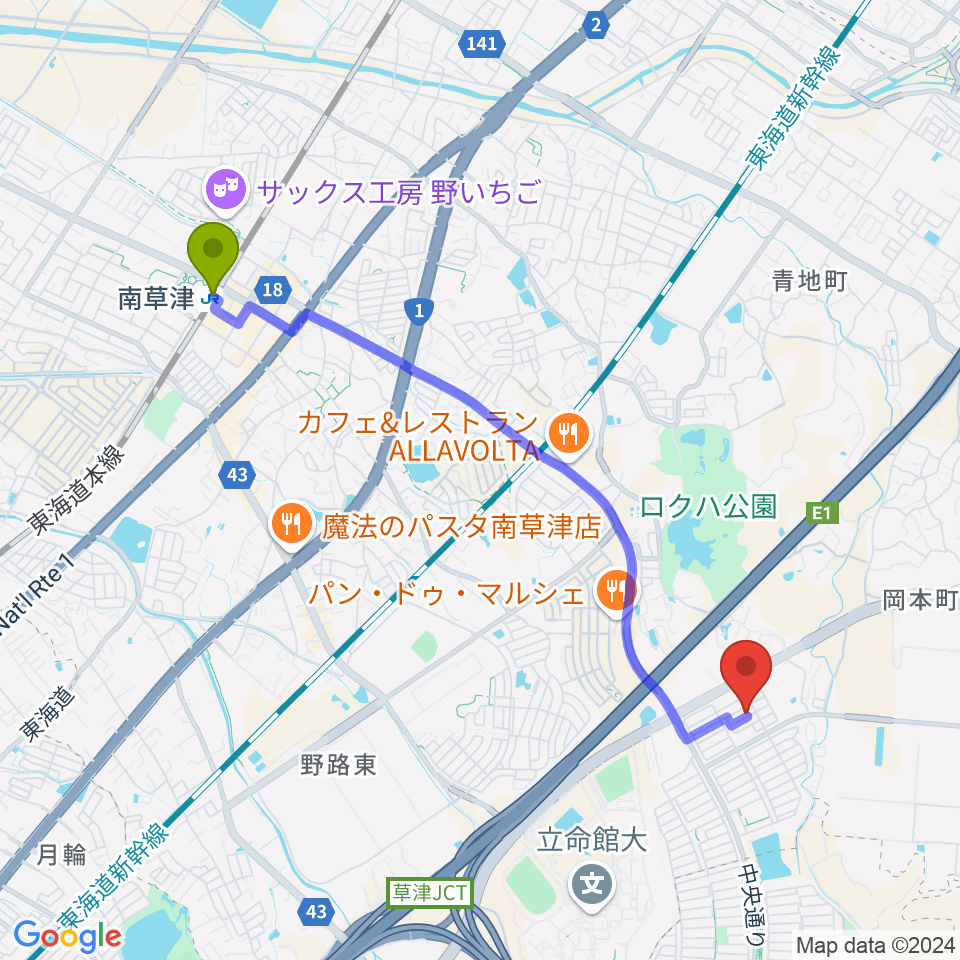 いまさかピアノ教室の最寄駅南草津駅からの徒歩ルート（約44分）地図