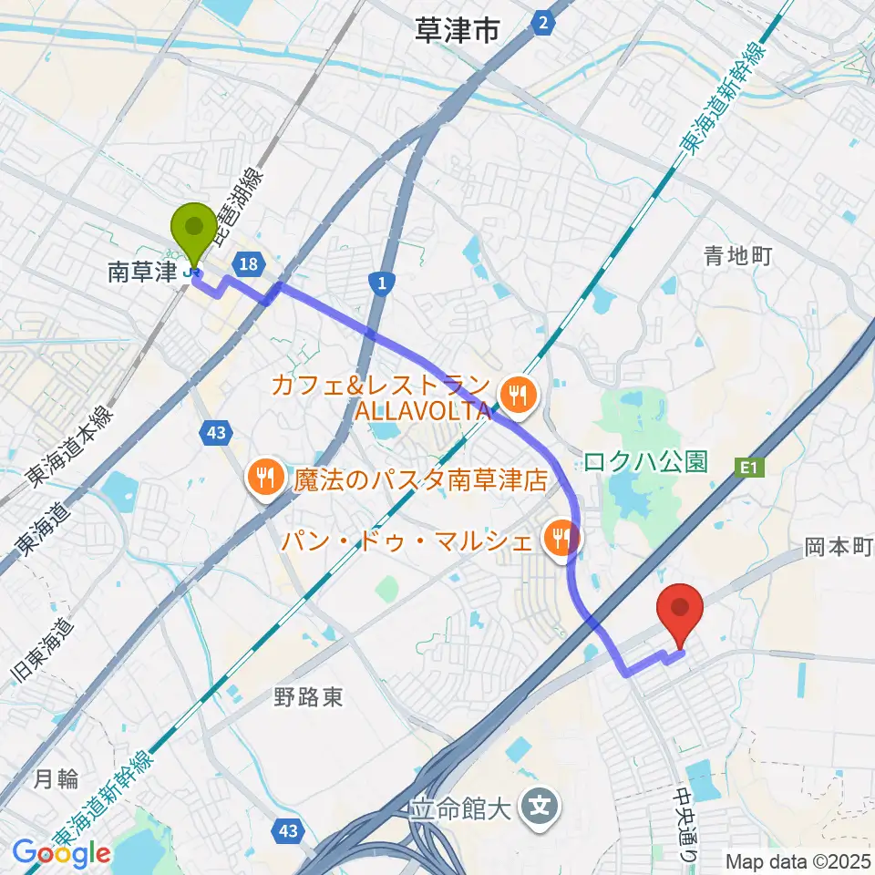 いまさかピアノ教室の最寄駅南草津駅からの徒歩ルート（約44分）地図