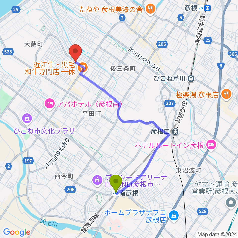 南彦根駅から横田恵子ピアノ教室へのルートマップ地図