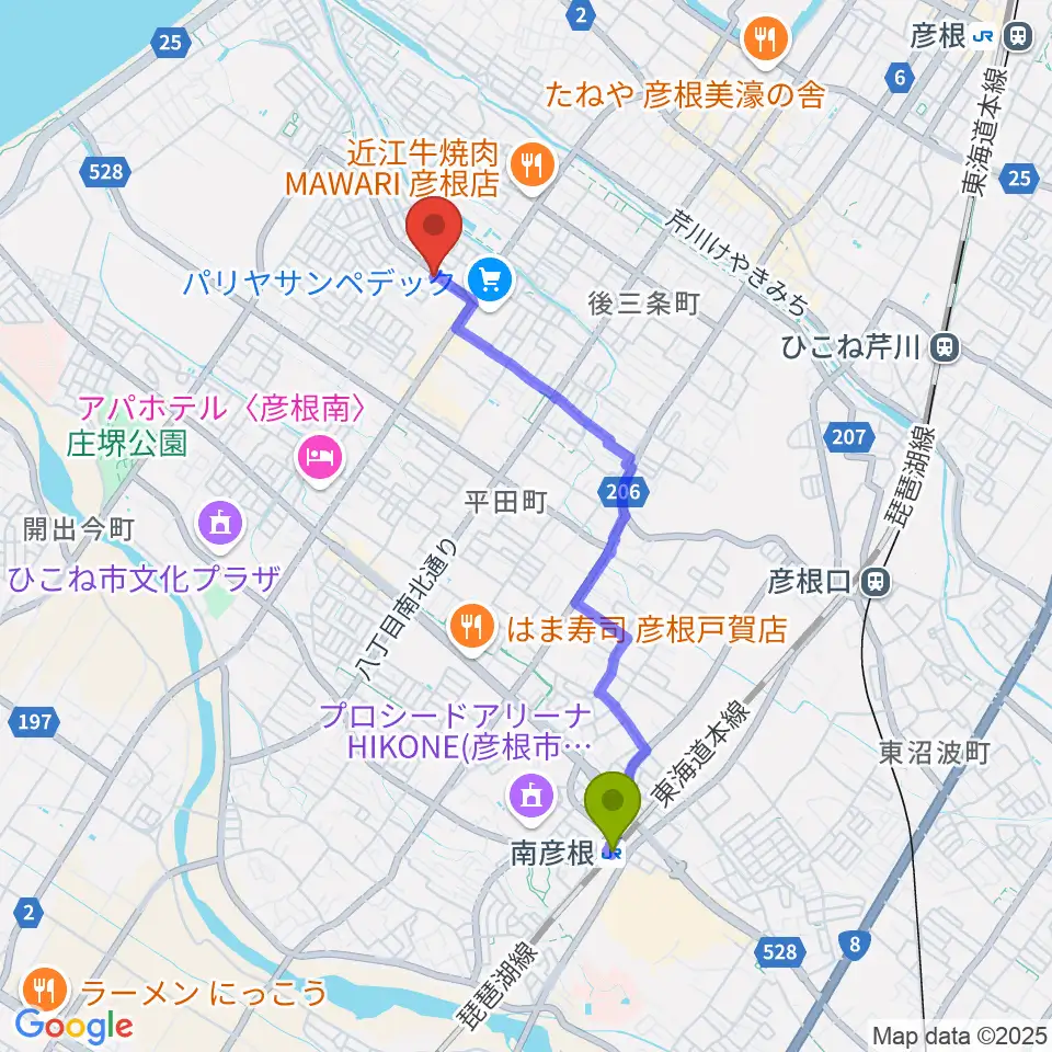南彦根駅から横田恵子ピアノ教室へのルートマップ地図
