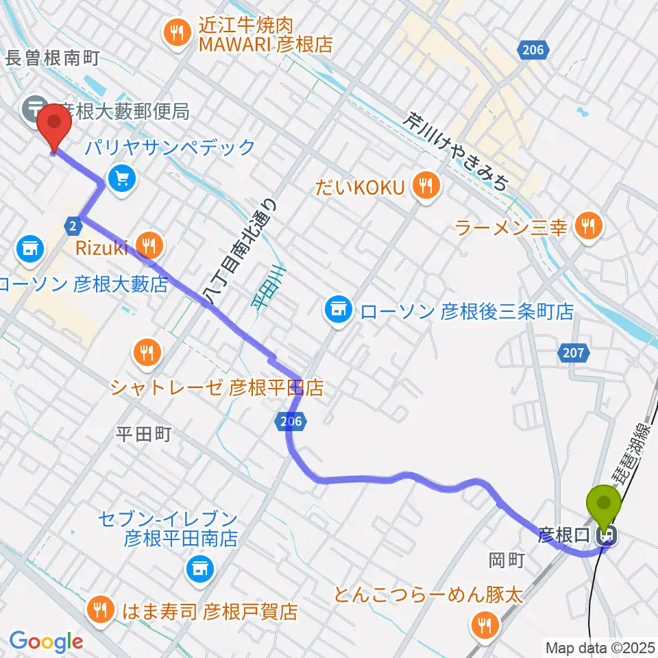 彦根口駅から横田恵子ピアノ教室へのルートマップ地図