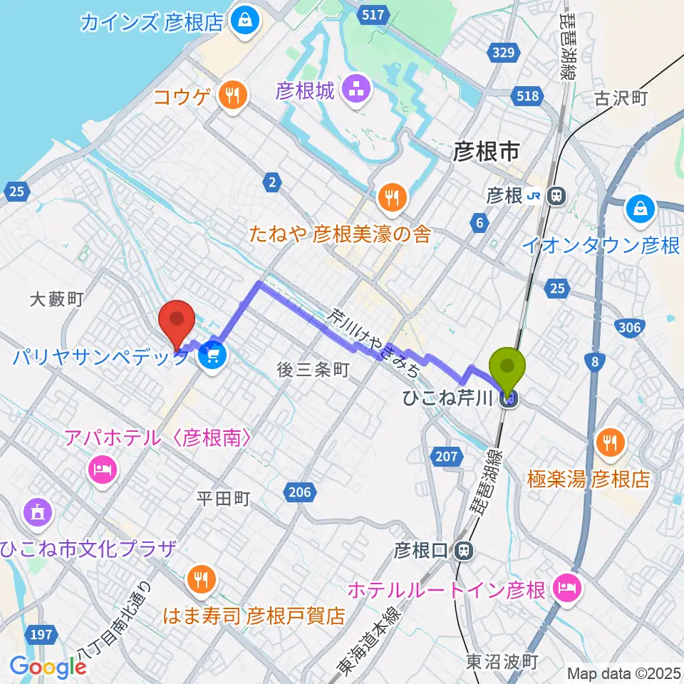 横田恵子ピアノ教室の最寄駅ひこね芹川駅からの徒歩ルート（約30分）地図