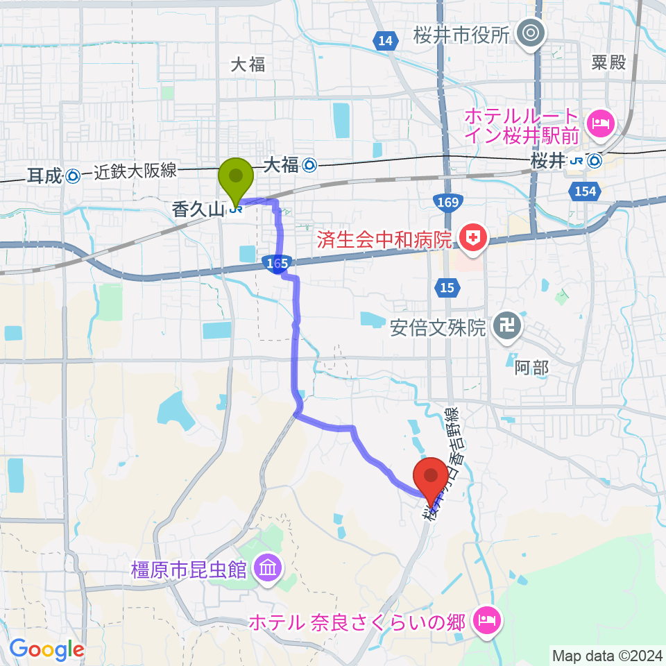 レイジーウッド音楽教室の最寄駅香久山駅からの徒歩ルート（約34分）地図