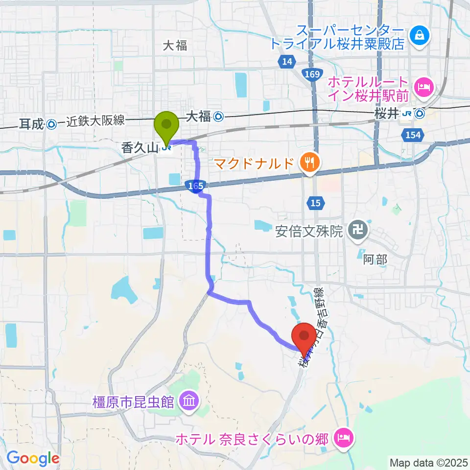 レイジーウッド音楽教室の最寄駅香久山駅からの徒歩ルート（約34分）地図