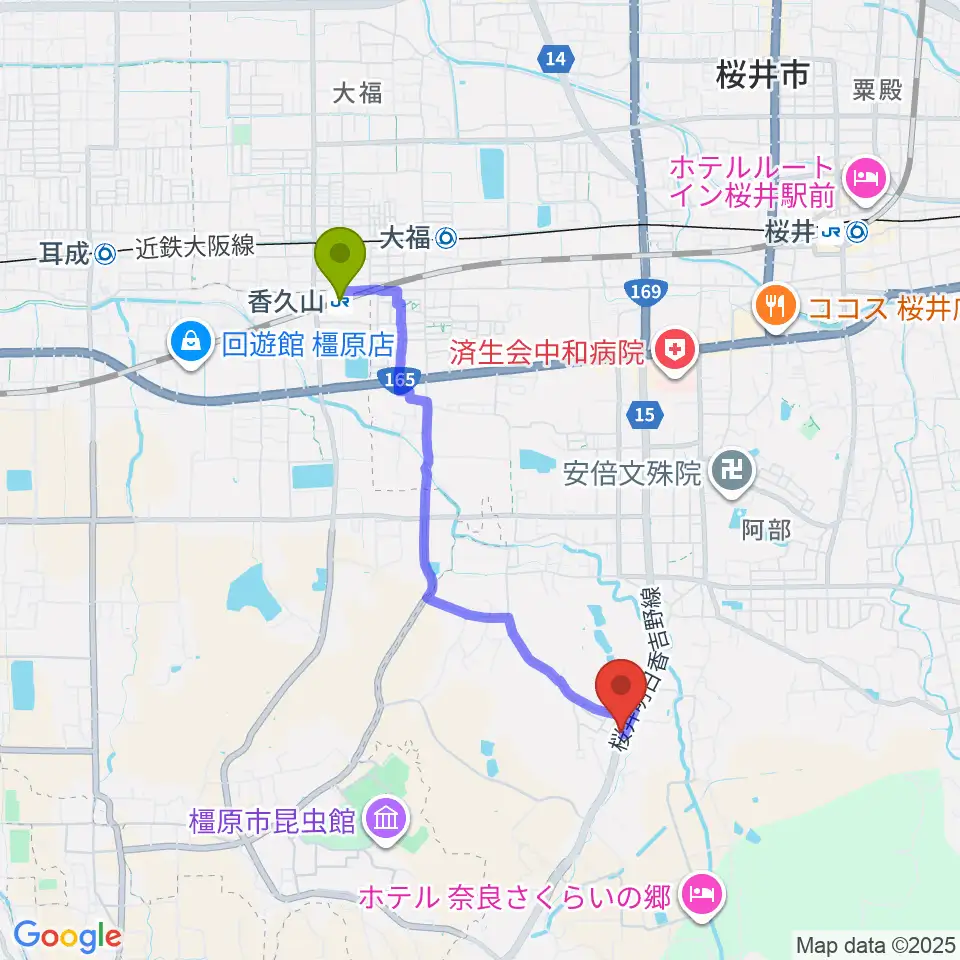 レイジーウッド音楽教室の最寄駅香久山駅からの徒歩ルート（約34分）地図