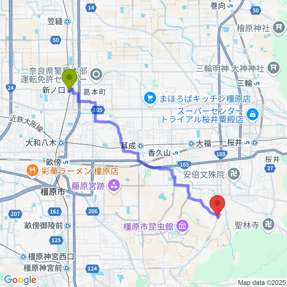 新ノ口駅からレイジーウッド音楽教室へのルートマップ地図