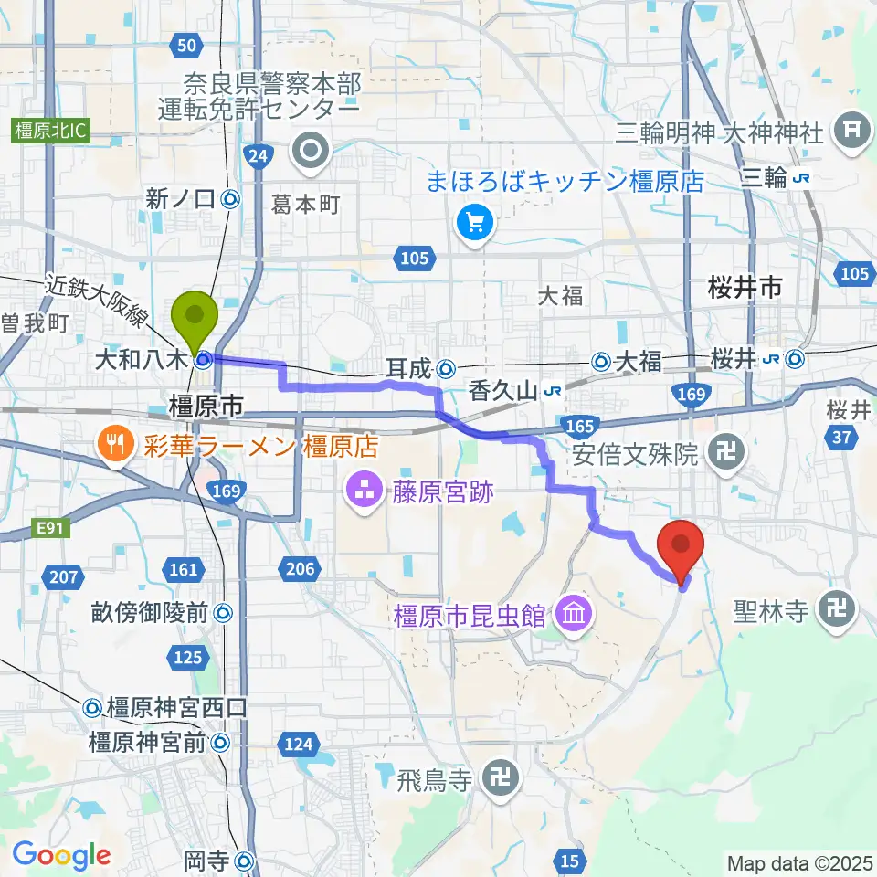 大和八木駅からレイジーウッド音楽教室へのルートマップ地図