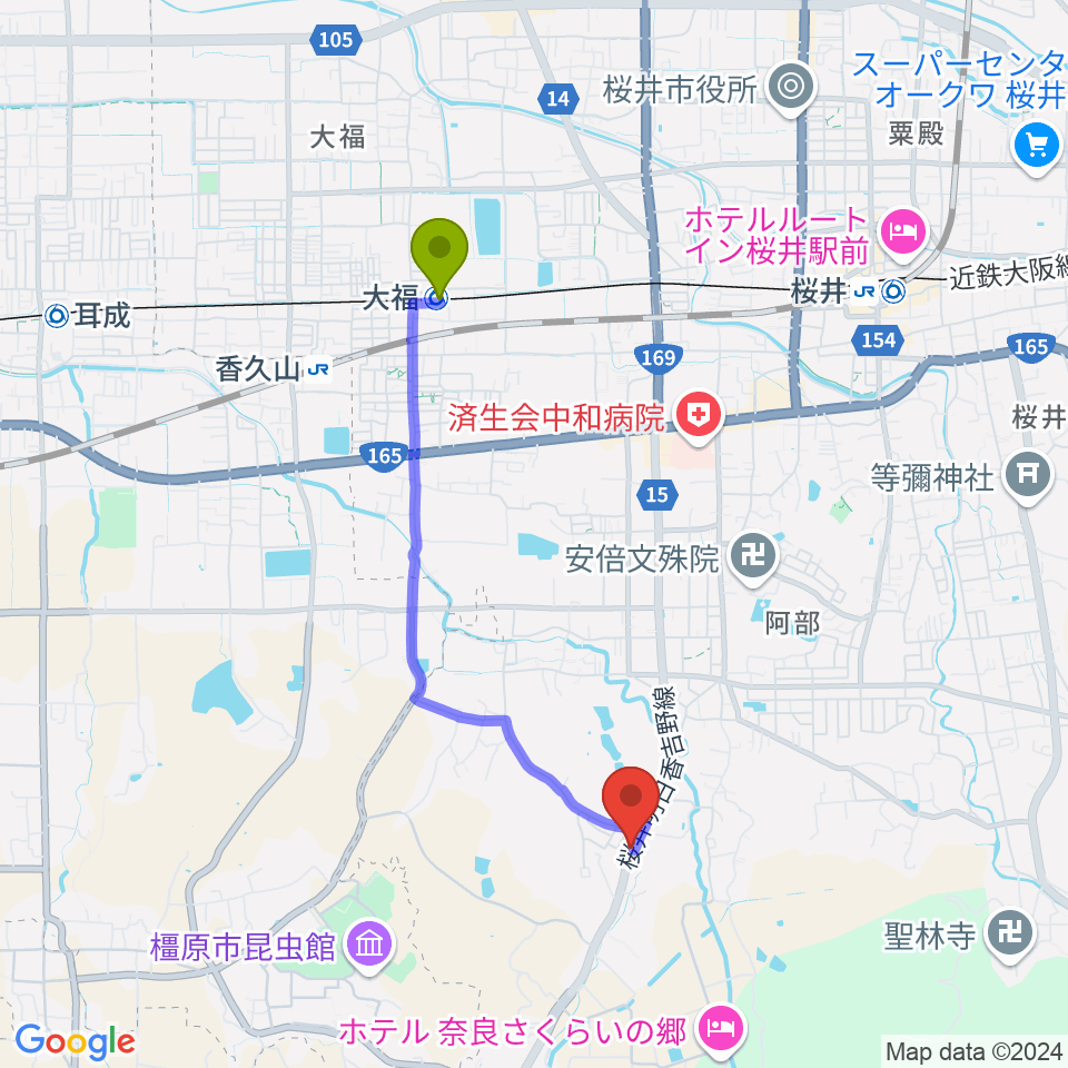 大福駅からレイジーウッド音楽教室へのルートマップ地図