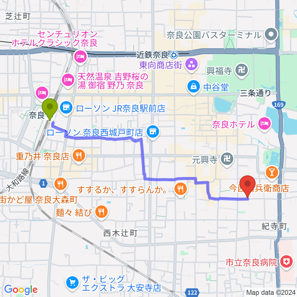 奈良駅からならまち まつもりピアノ教室へのルートマップ地図