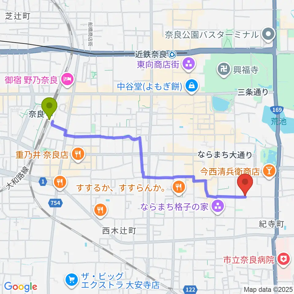 奈良駅からならまち まつもりピアノ教室へのルートマップ地図