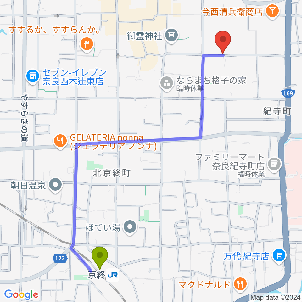 ならまち まつもりピアノ教室の最寄駅京終駅からの徒歩ルート（約13分）地図