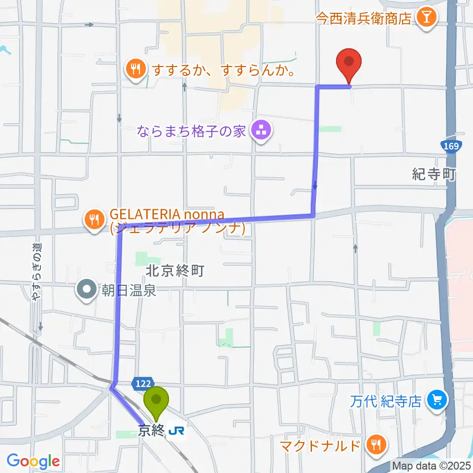 ならまち まつもりピアノ教室の最寄駅京終駅からの徒歩ルート（約13分）地図