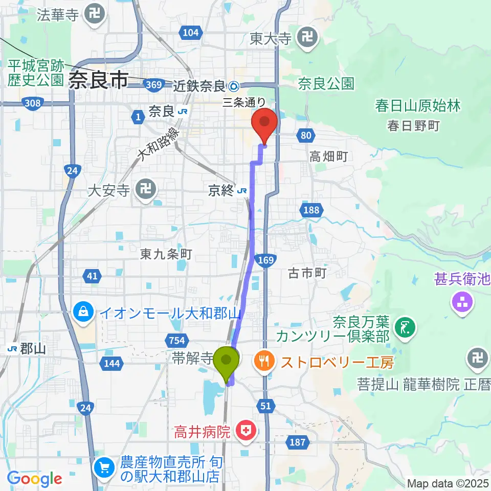 帯解駅からならまち まつもりピアノ教室へのルートマップ地図