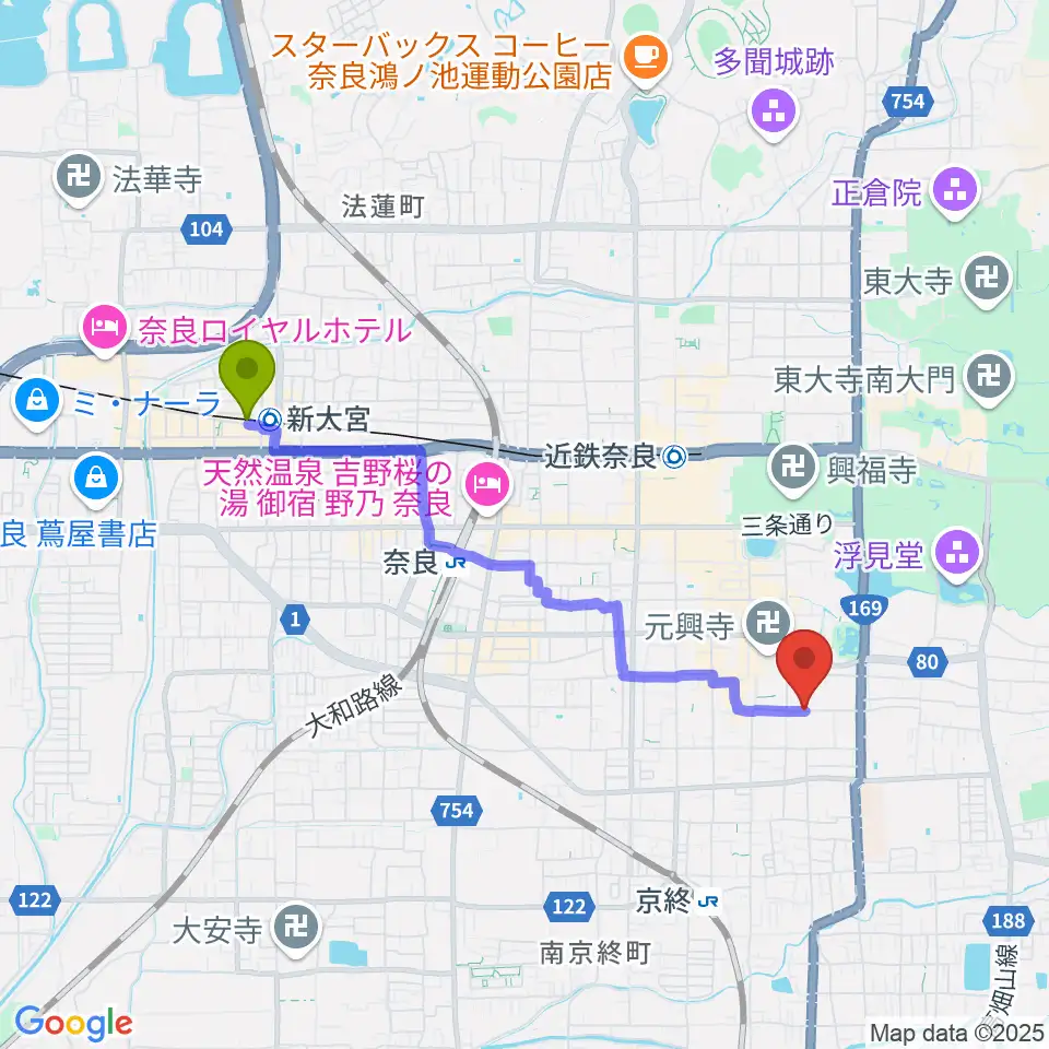 新大宮駅からならまち まつもりピアノ教室へのルートマップ地図