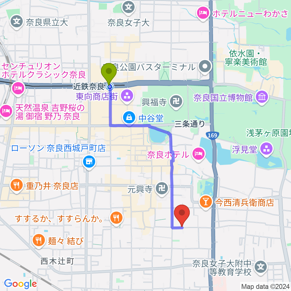 近鉄奈良駅からならまち まつもりピアノ教室へのルートマップ地図