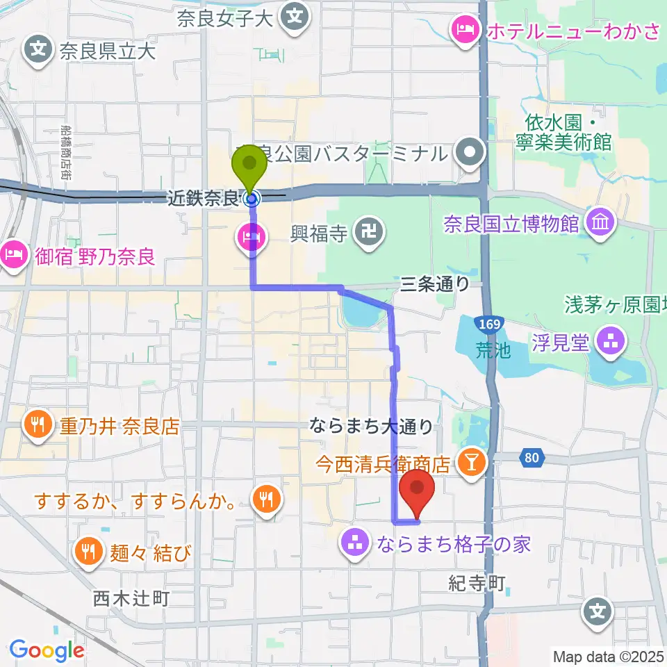 近鉄奈良駅からならまち まつもりピアノ教室へのルートマップ地図