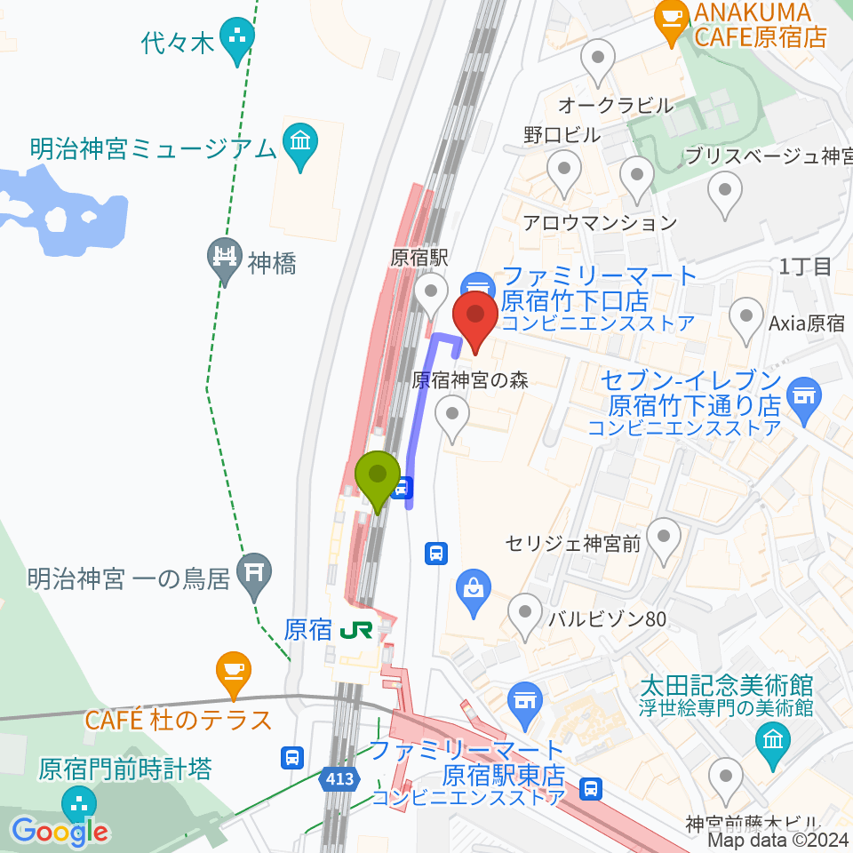 Five Gの最寄駅原宿駅からの徒歩ルート（約2分）地図
