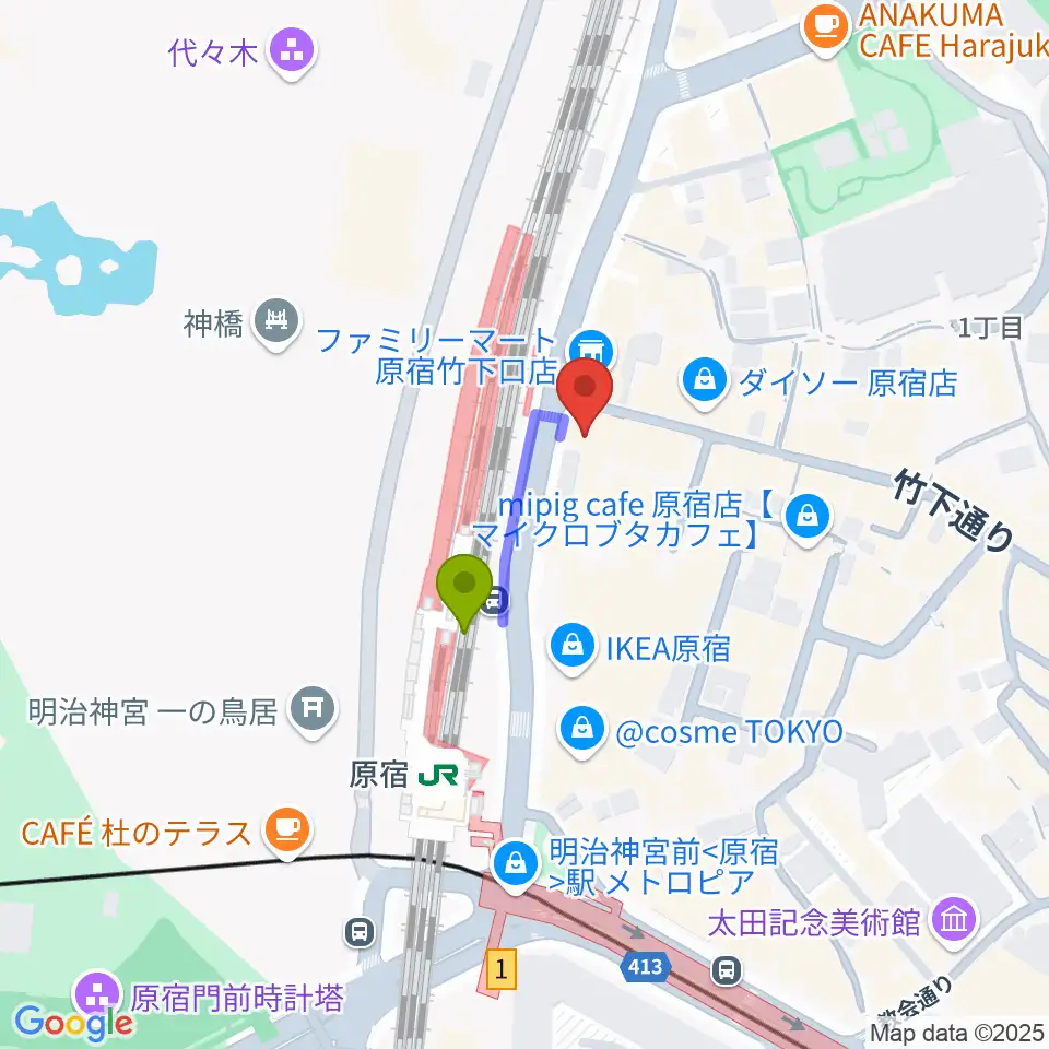 Five Gの最寄駅原宿駅からの徒歩ルート（約2分）地図