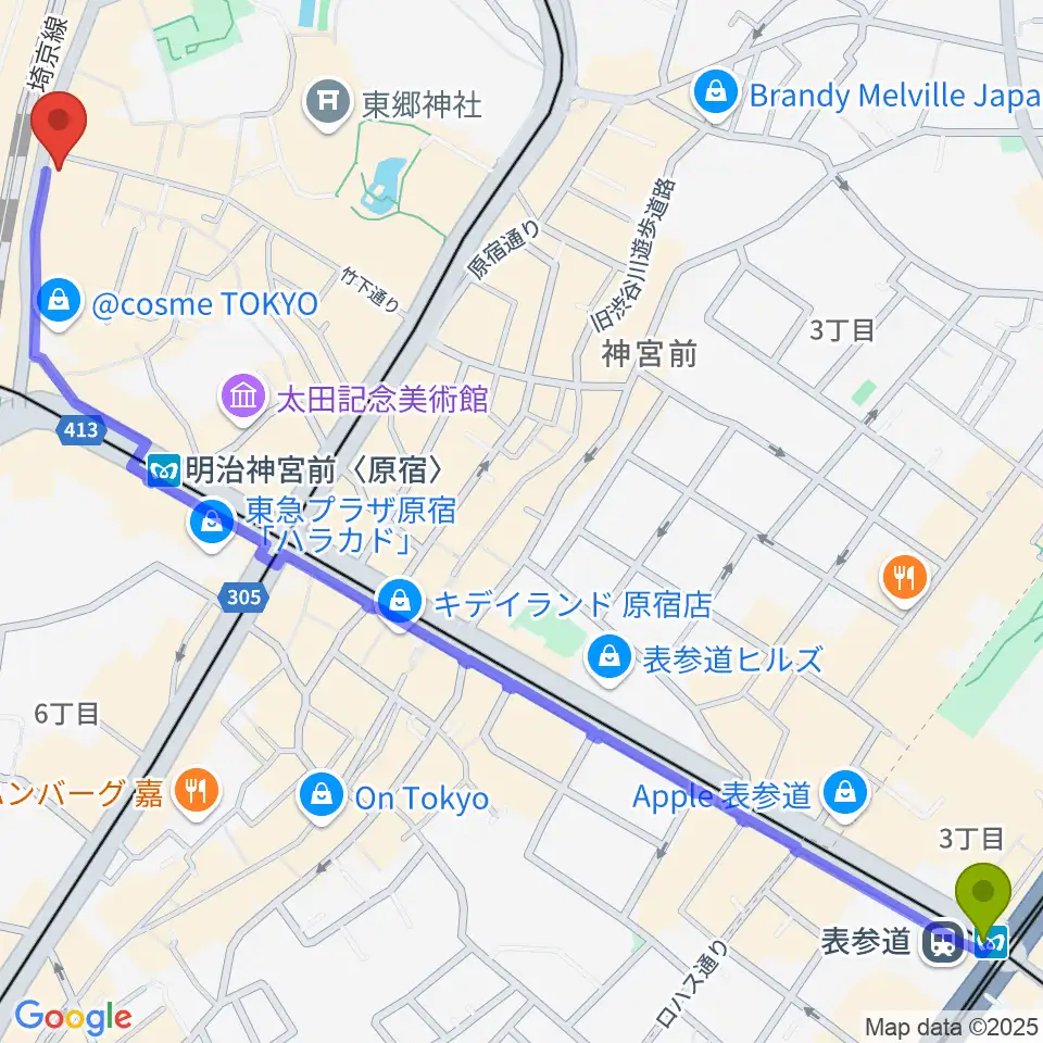 表参道駅からFive Gへのルートマップ地図