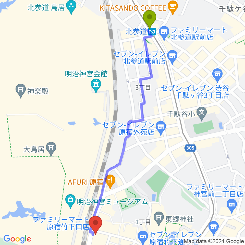 北参道駅からFive Gへのルートマップ地図