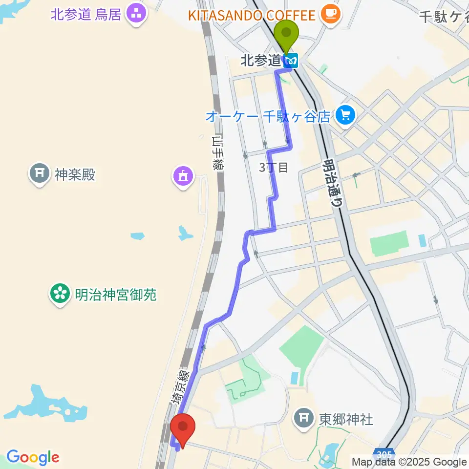 北参道駅からFive Gへのルートマップ地図