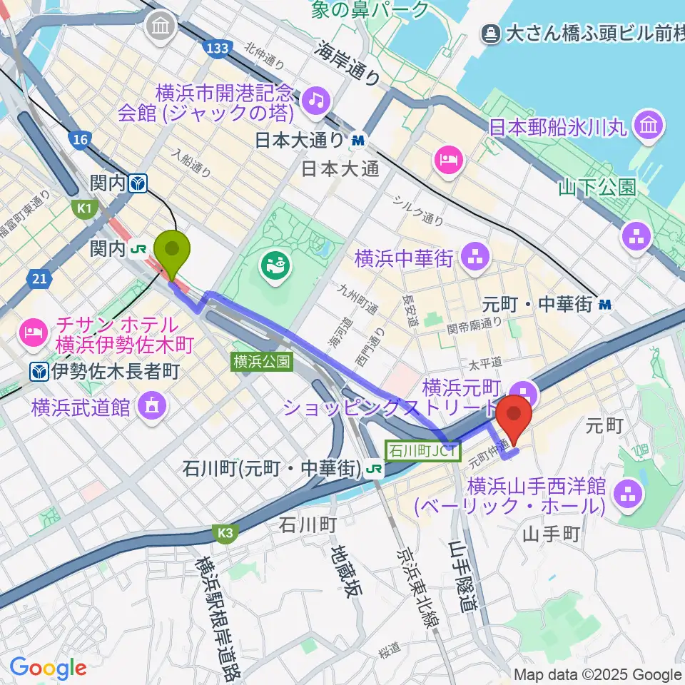 関内駅からSanae Fun Musicへのルートマップ地図