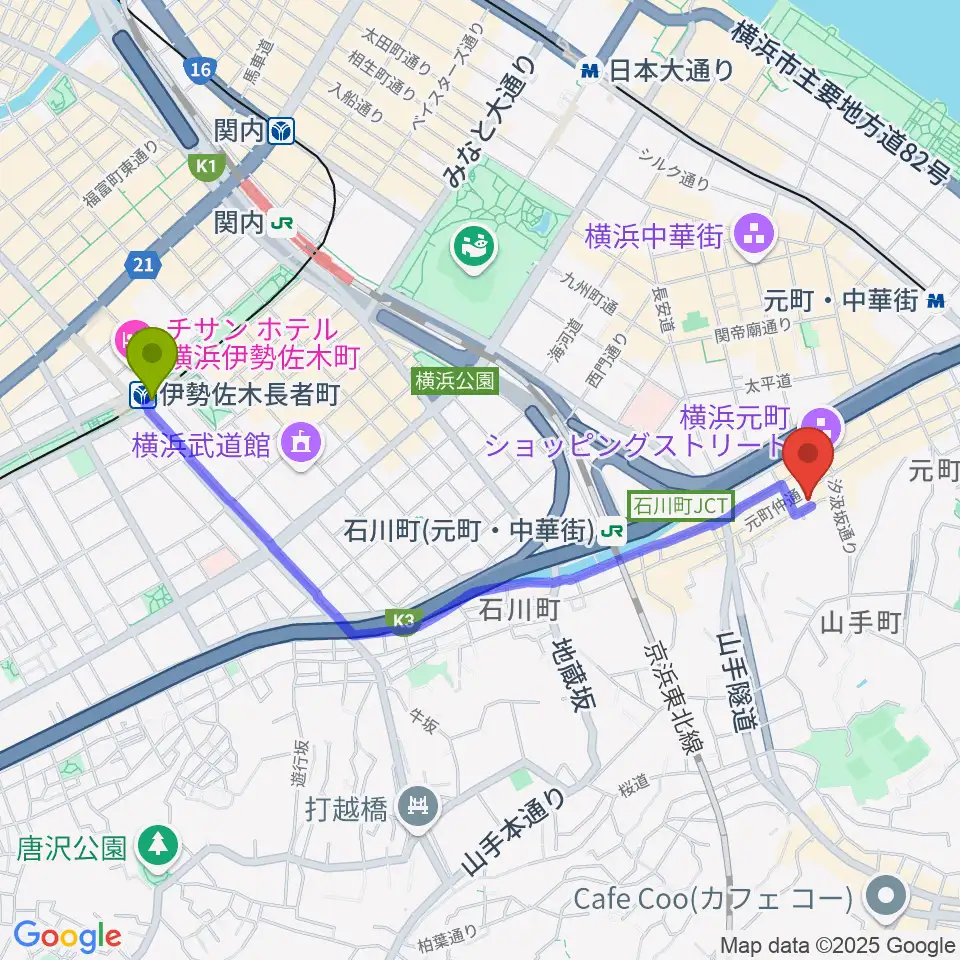 伊勢佐木長者町駅からSanae Fun Musicへのルートマップ地図
