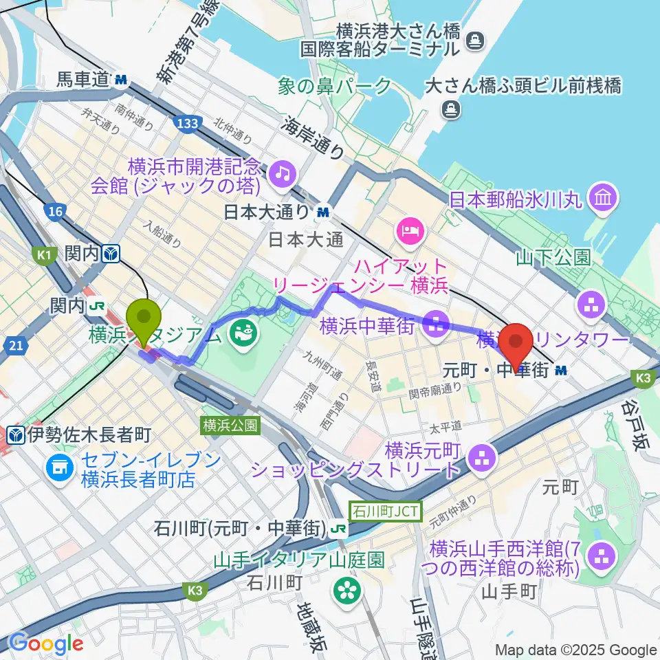 関内駅からリーヴェロ音楽教室へのルートマップ地図
