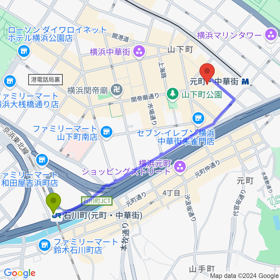 石川町駅からリーヴェロ音楽教室へのルートマップ地図