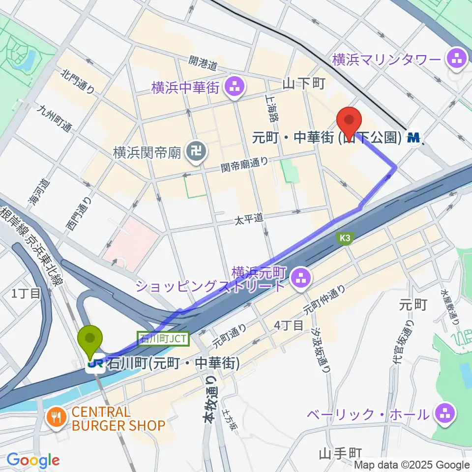 石川町駅からリーヴェロ音楽教室へのルートマップ地図