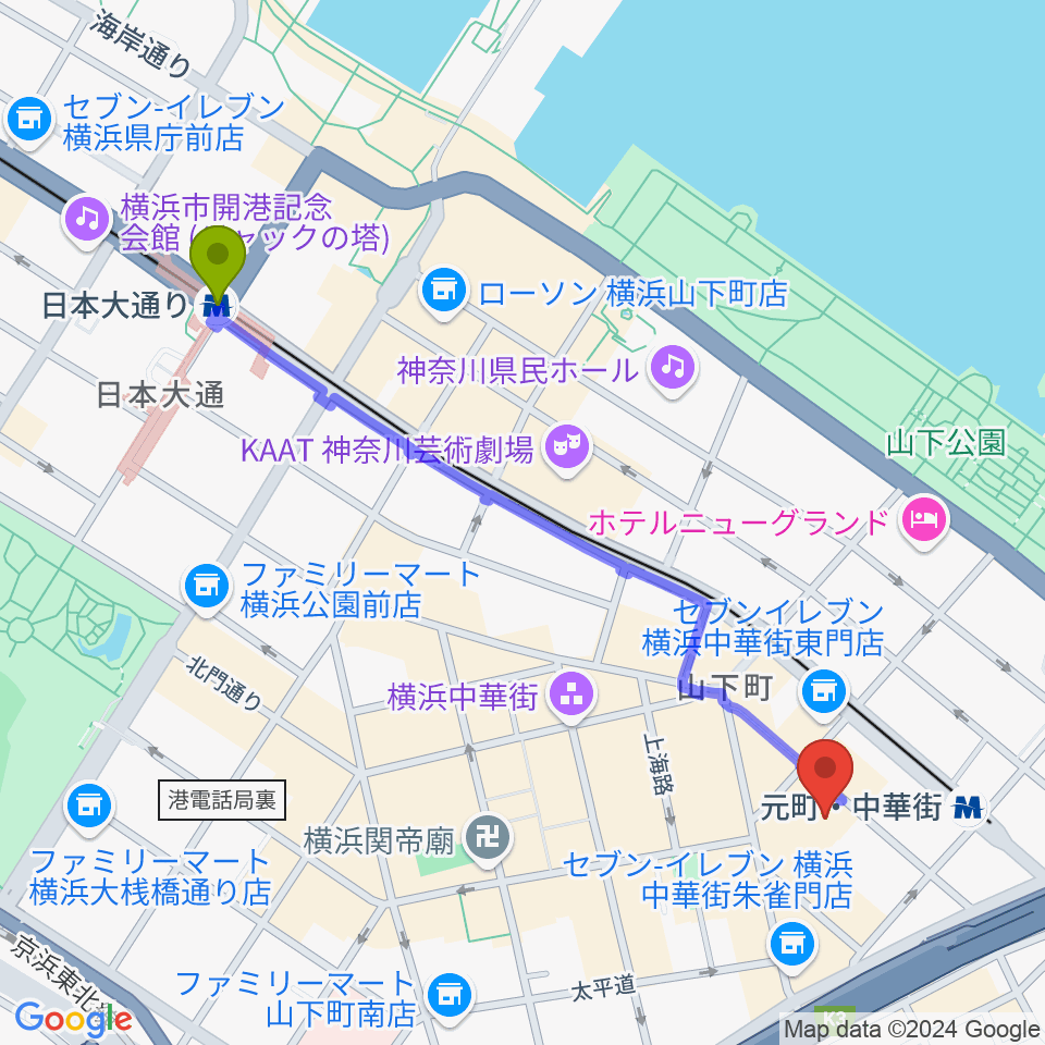 日本大通り駅からリーヴェロ音楽教室へのルートマップ地図