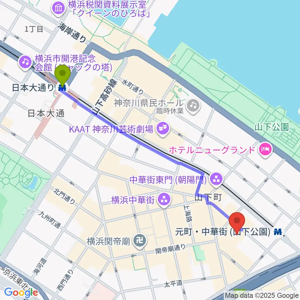 日本大通り駅からリーヴェロ音楽教室へのルートマップ地図