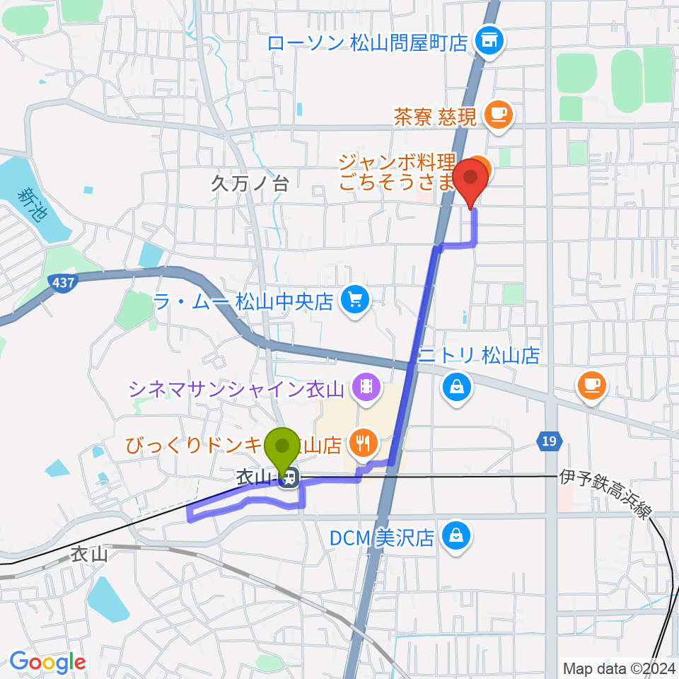 サウンドガーデンミュージックスクール松山本校の最寄駅衣山駅からの徒歩ルート（約15分）地図