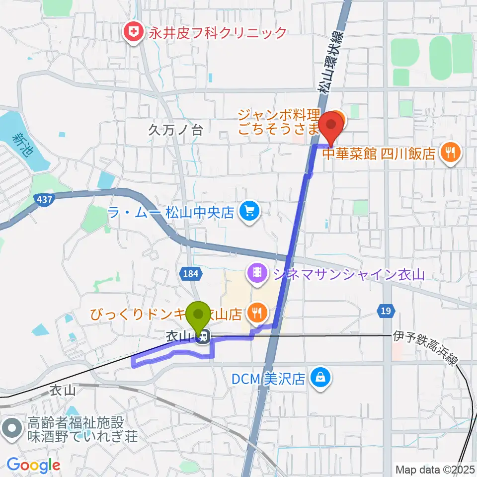 サウンドガーデンミュージックスクール松山本校の最寄駅衣山駅からの徒歩ルート（約15分）地図
